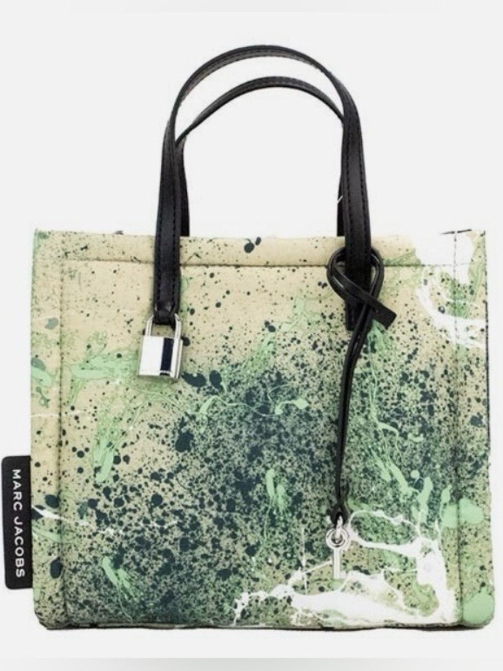 Cream and Green Splatter Tote with Black Handles